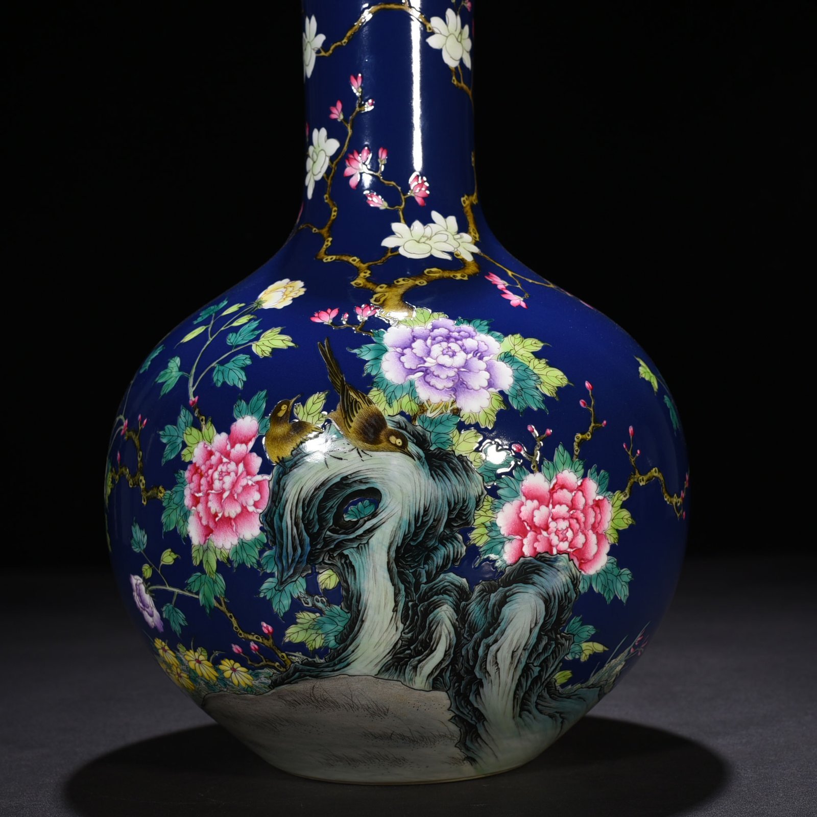 Qing Dynasty Yongzheng blue ground pastel peony flower and bird pattern celestial vase