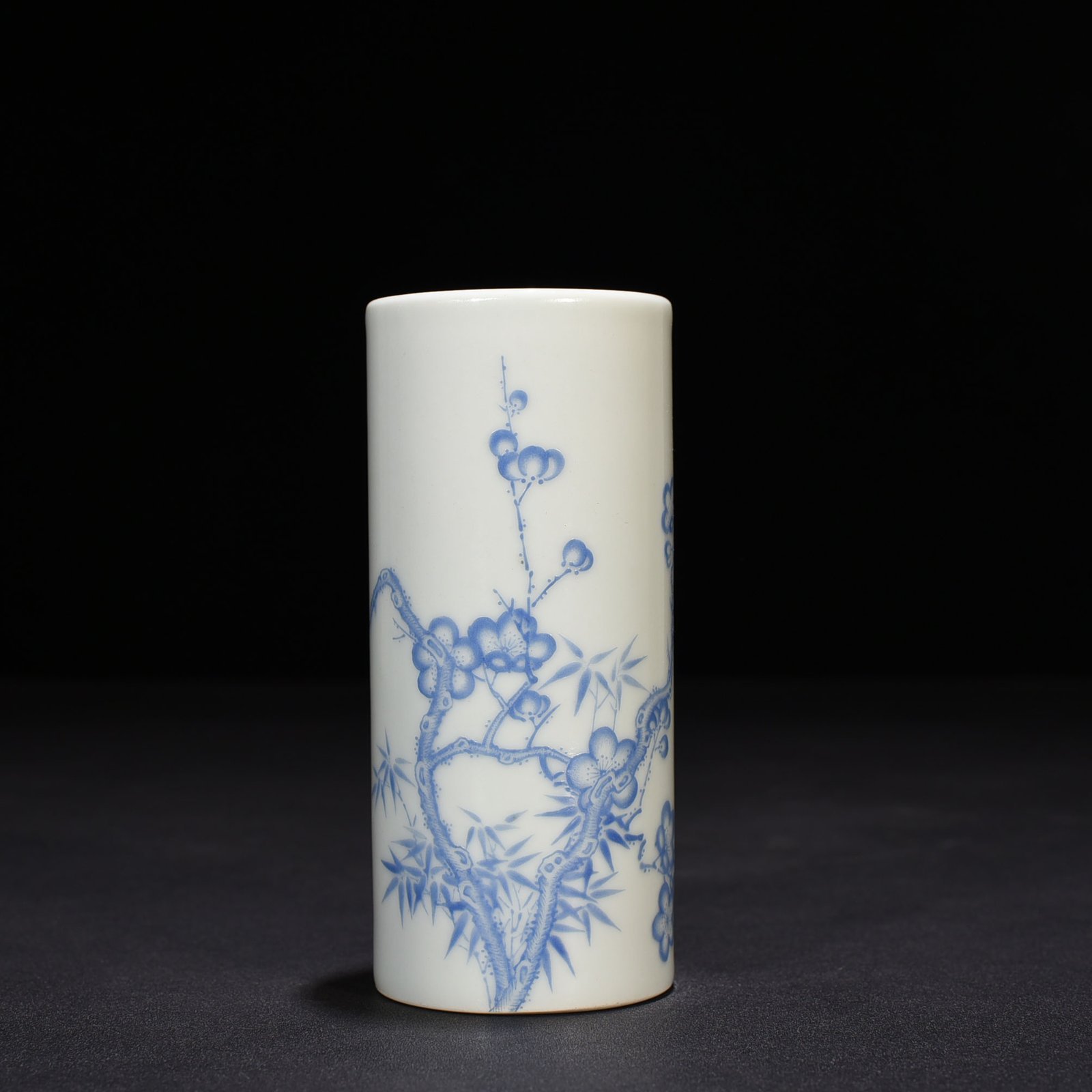 Qing Dynasty Yongzheng blue material colorful bamboo and plum double clear pen holder