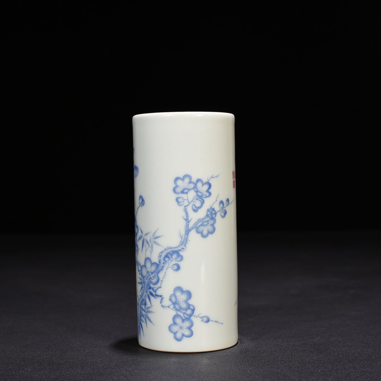 Qing Dynasty Yongzheng blue material colorful bamboo and plum double clear pen holder