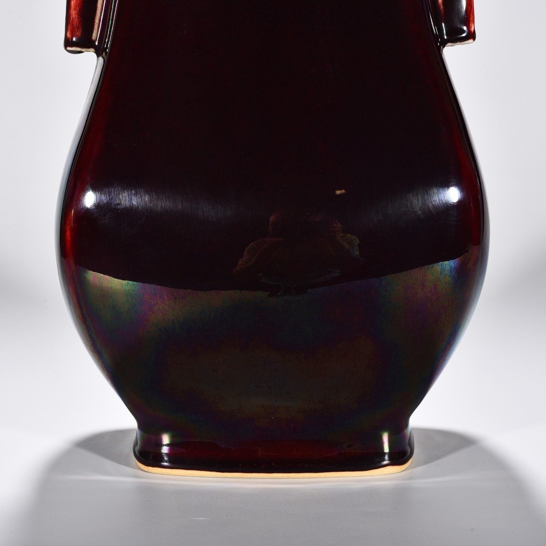 Qing Dynasty Yongzheng Lang Kiln red glaze through-ear vase