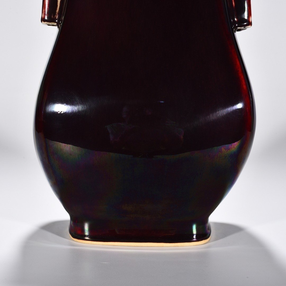 Qing Dynasty Yongzheng Lang Kiln red glaze through-ear vase