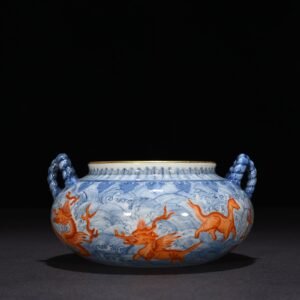 Qing Dynasty Yongzheng blue and white alum red sea eight monster pattern double ear wash