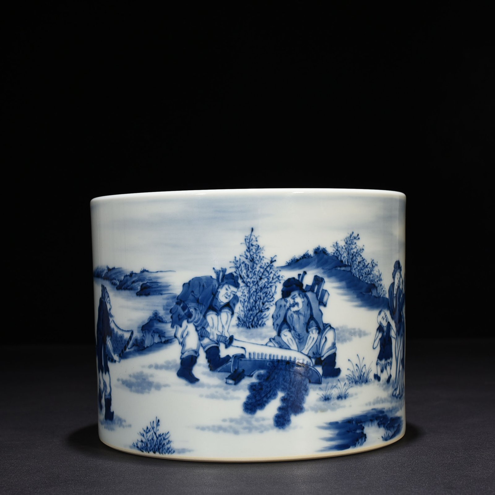 Qing Dynasty Yongzheng blue and white autumn harvest farmhouse character pen holder