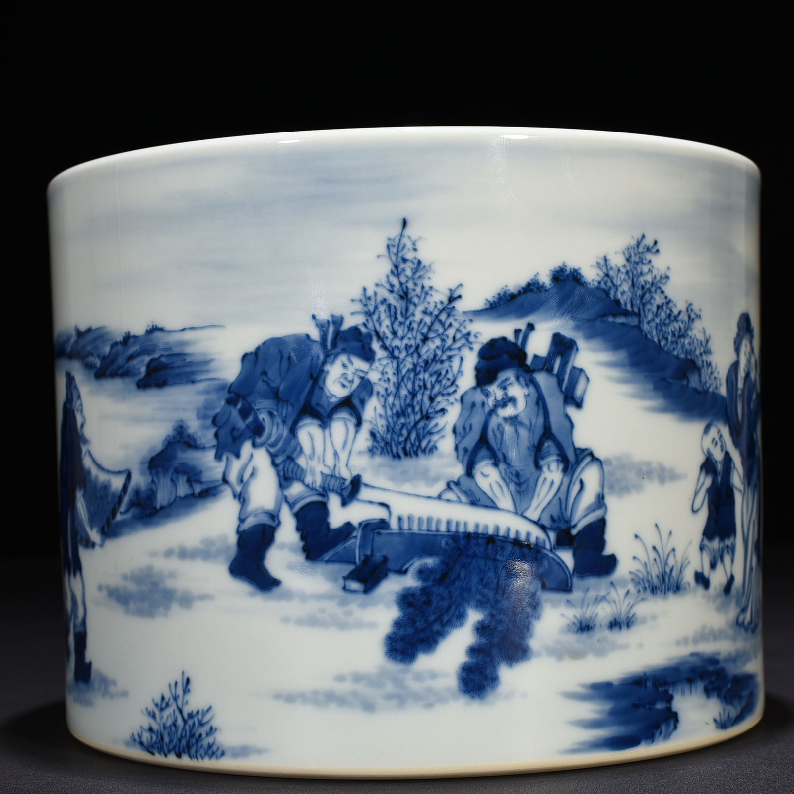 Qing Dynasty Yongzheng blue and white autumn harvest farmhouse character pen holder