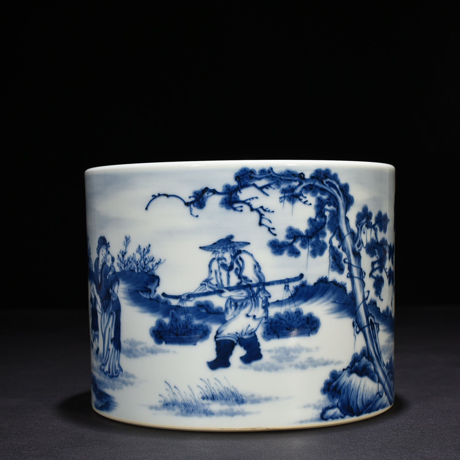 Qing Dynasty Yongzheng blue and white autumn harvest farmhouse character pen holder