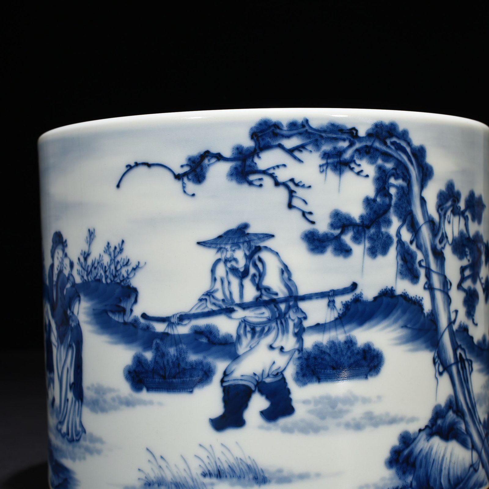 Qing Dynasty Yongzheng blue and white autumn harvest farmhouse character pen holder