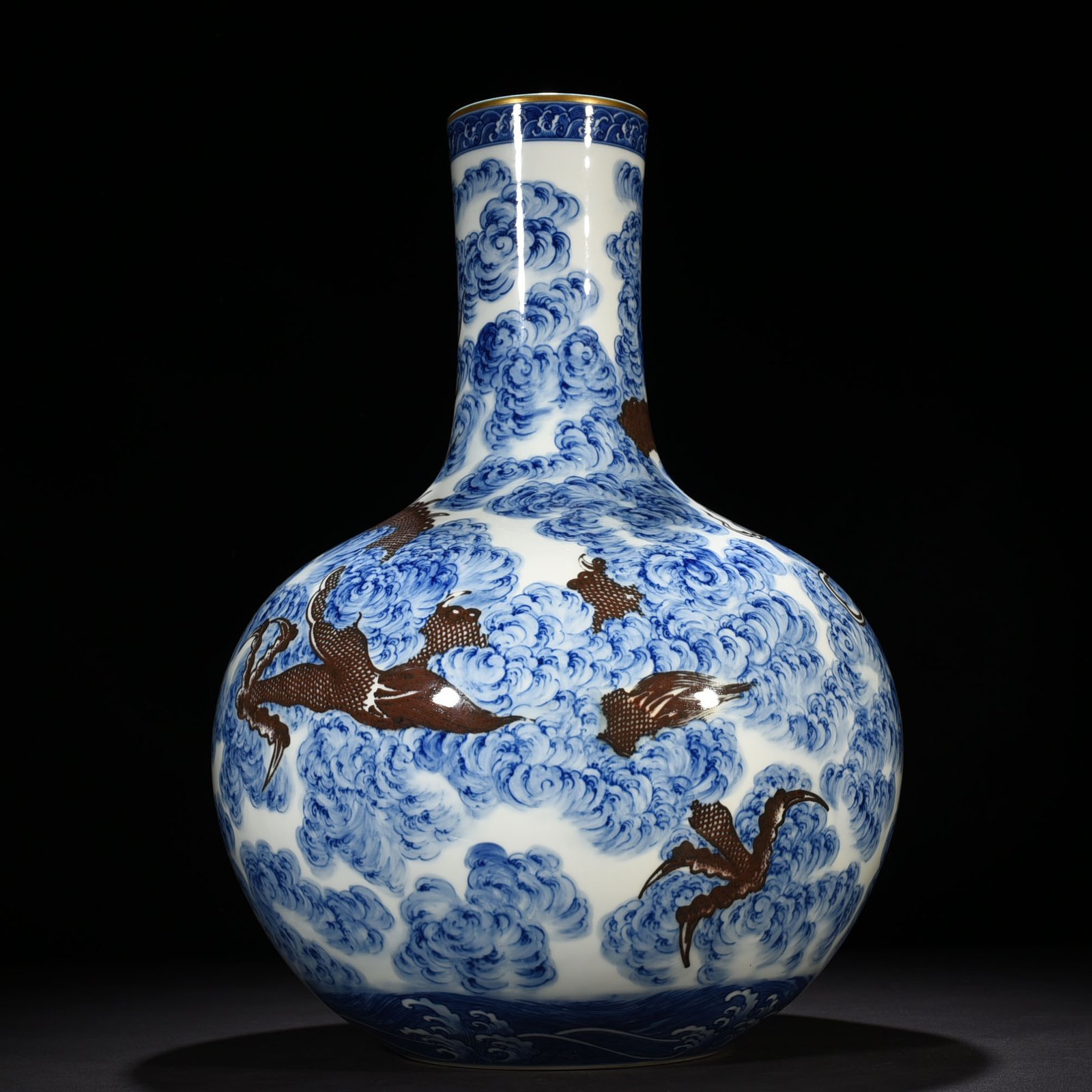 Qing Dynasty Yongzheng blue and white underglaze red sea water cloud and dragon celestial sphere vase
