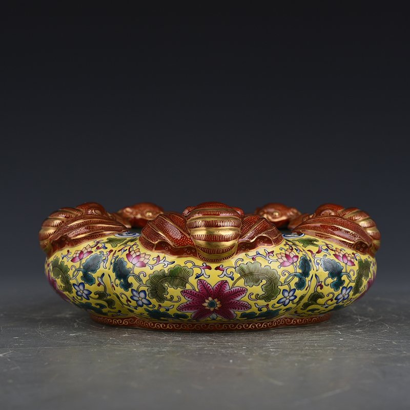 Qing Dynasty Yongzheng yellow ground enamel five blessing wash