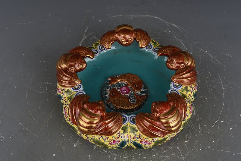 Qing Dynasty Yongzheng yellow ground enamel five blessing wash