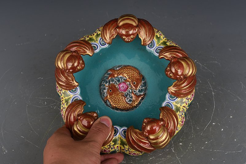 Qing Dynasty Yongzheng yellow ground enamel five blessing wash