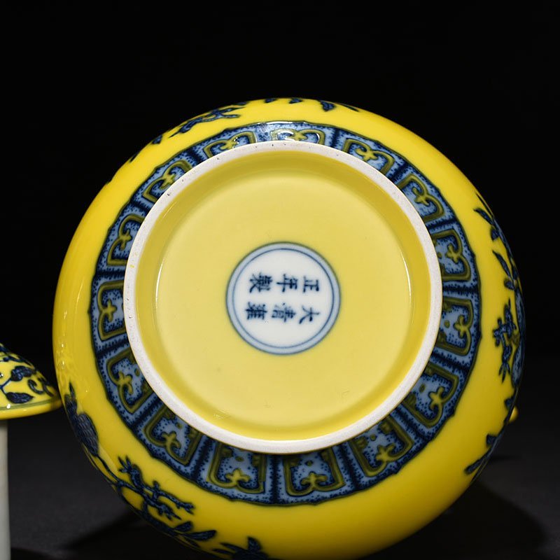 Qing Dynasty Yongzheng yellow ground blue and white ewer with broken branches