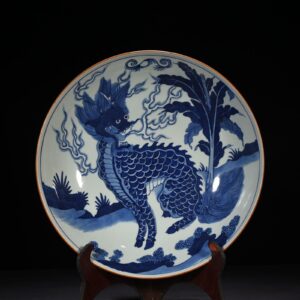 Qing Dynasty fine blue and white banana bowl with unicorn pattern