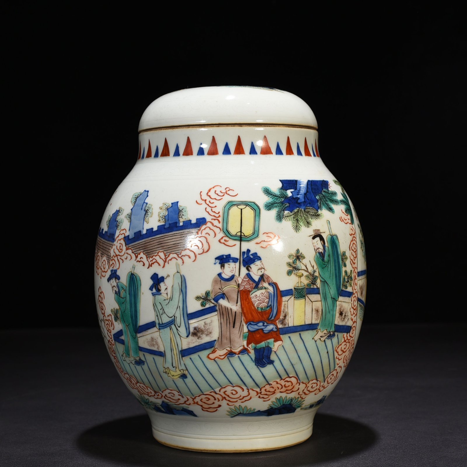 Qing Dynasty Shunzhi blue and white colorful character story pattern lotus seed jar