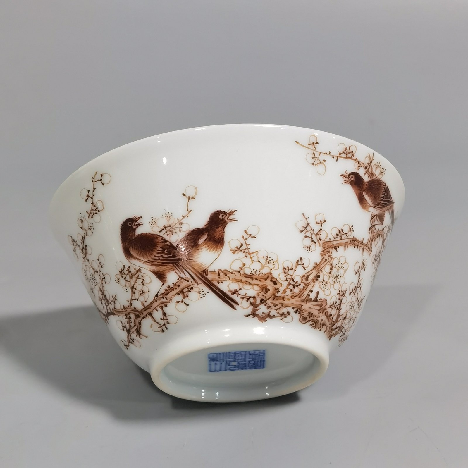 Qing Dynasty Qianlong ink color magpie climbing plum blossom cup with poem inscription