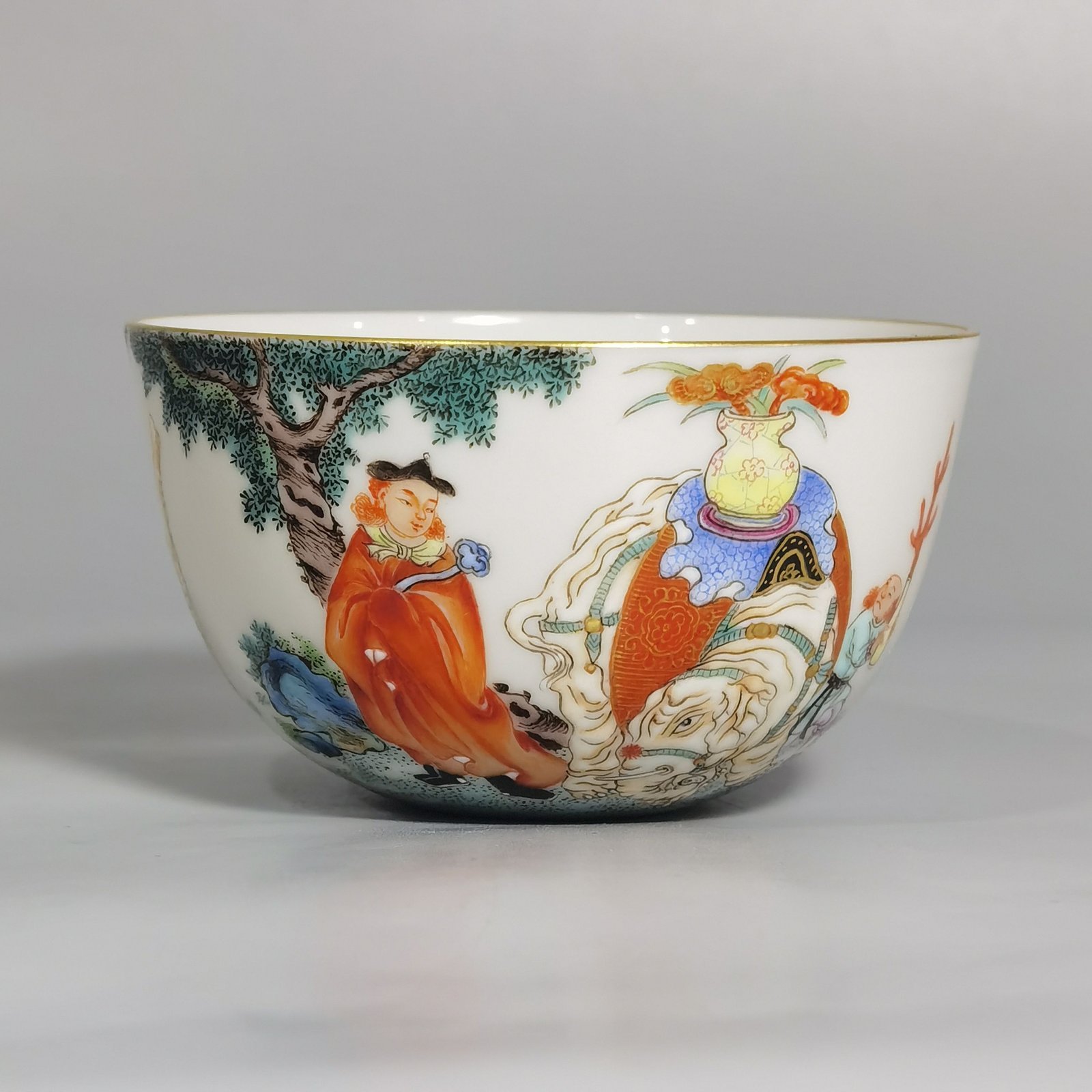 Qing Dynasty Qianlong Pastel Taiping Youxiang Barbarians Offering Treasures Arhat Cup