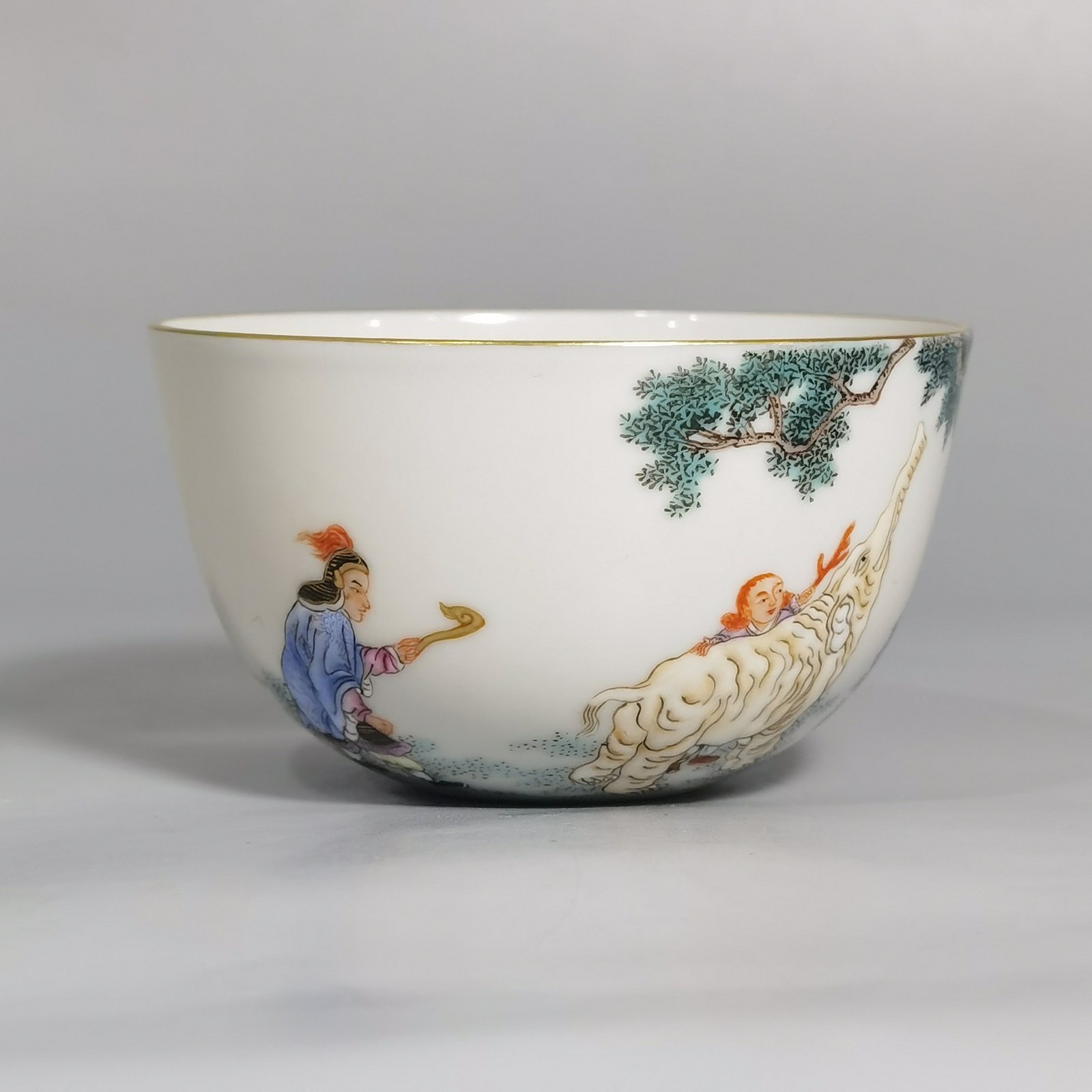Qing Dynasty Qianlong Pastel Taiping Youxiang Barbarians Offering Treasures Arhat Cup