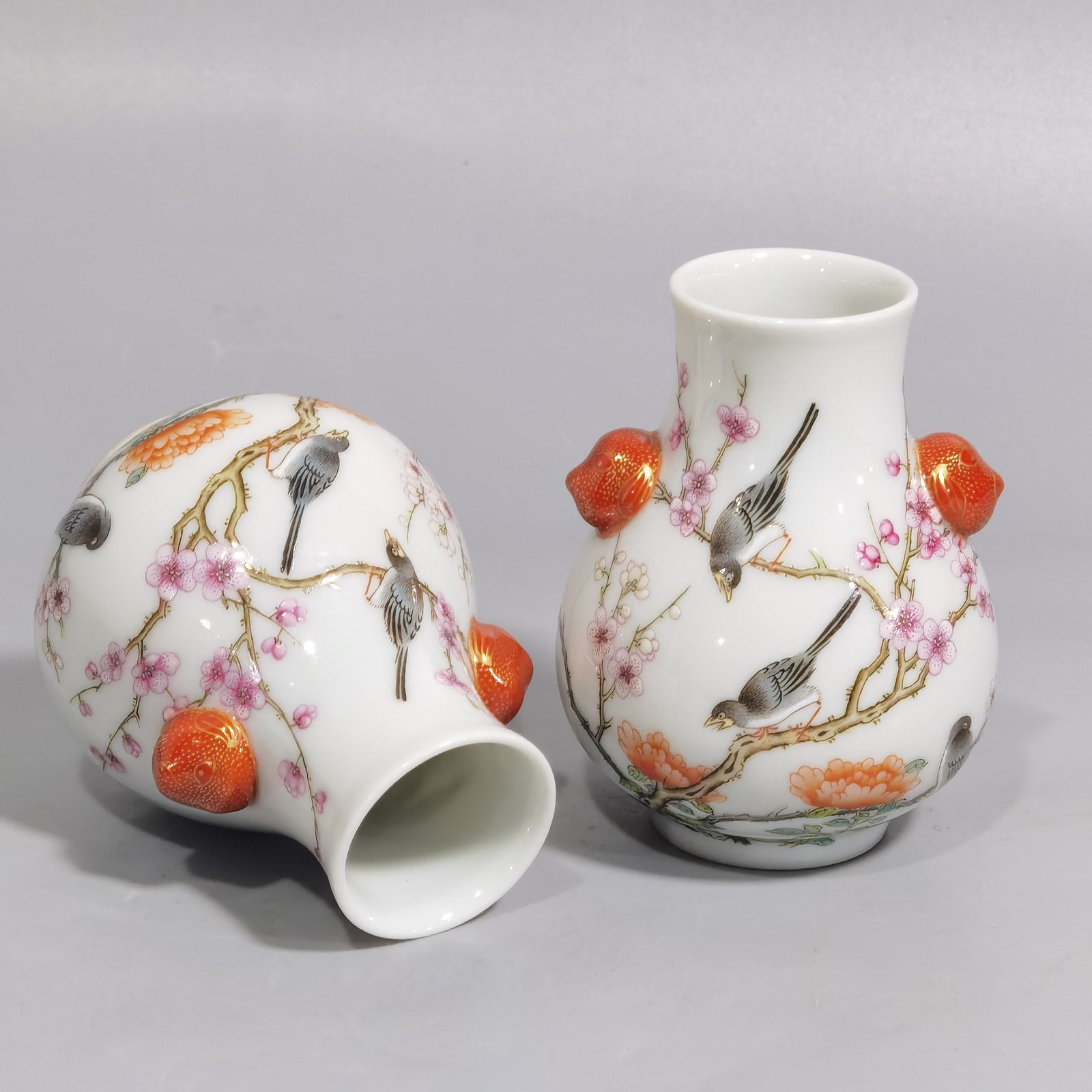 Qing Dynasty Qianlong a pastel four-sided plum blossom statue with animal ear