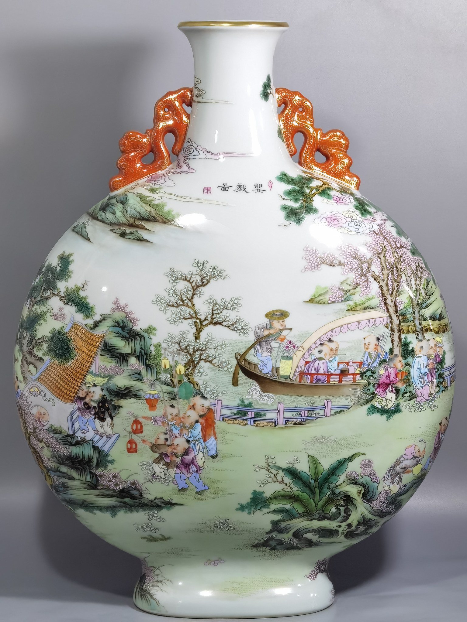 Qing Dynasty Qianlong a pastel-colored baby playing with two ears holding the moon in a flat vase