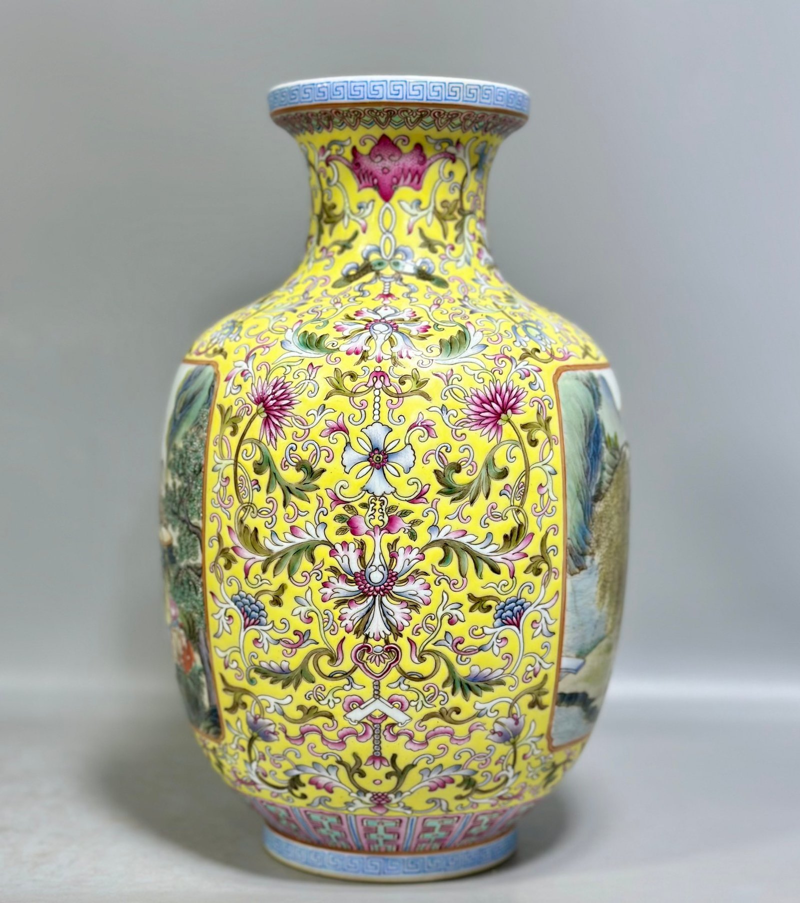 Qing Dynasty Qianlong Pastel yellow ground window character story lantern vase