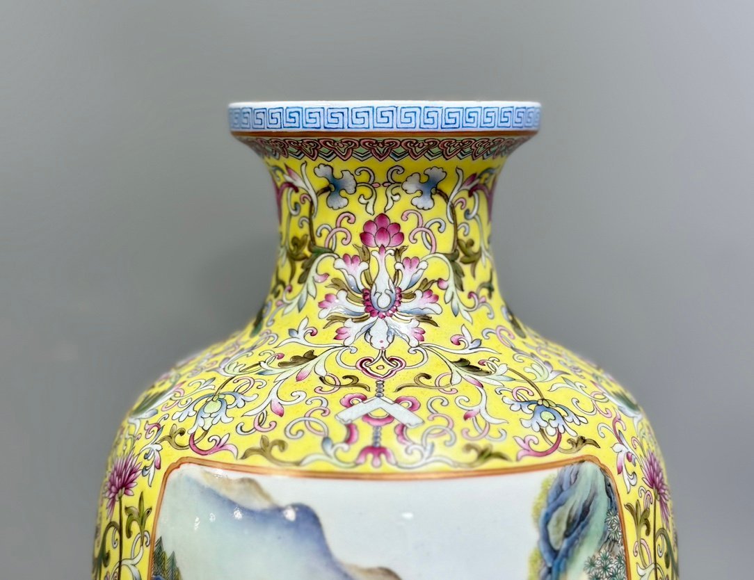 Qing Dynasty Qianlong Pastel yellow ground window character story lantern vase