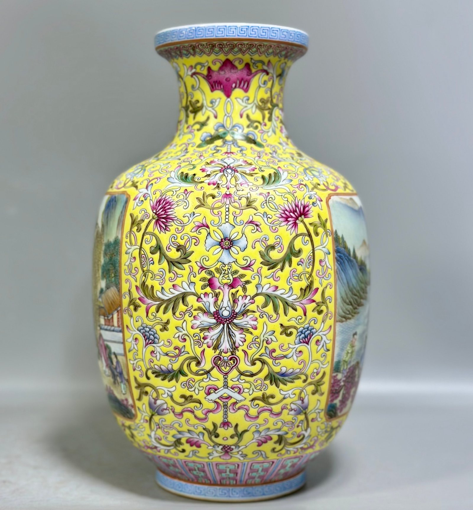 Qing Dynasty Qianlong Pastel yellow ground window character story lantern vase
