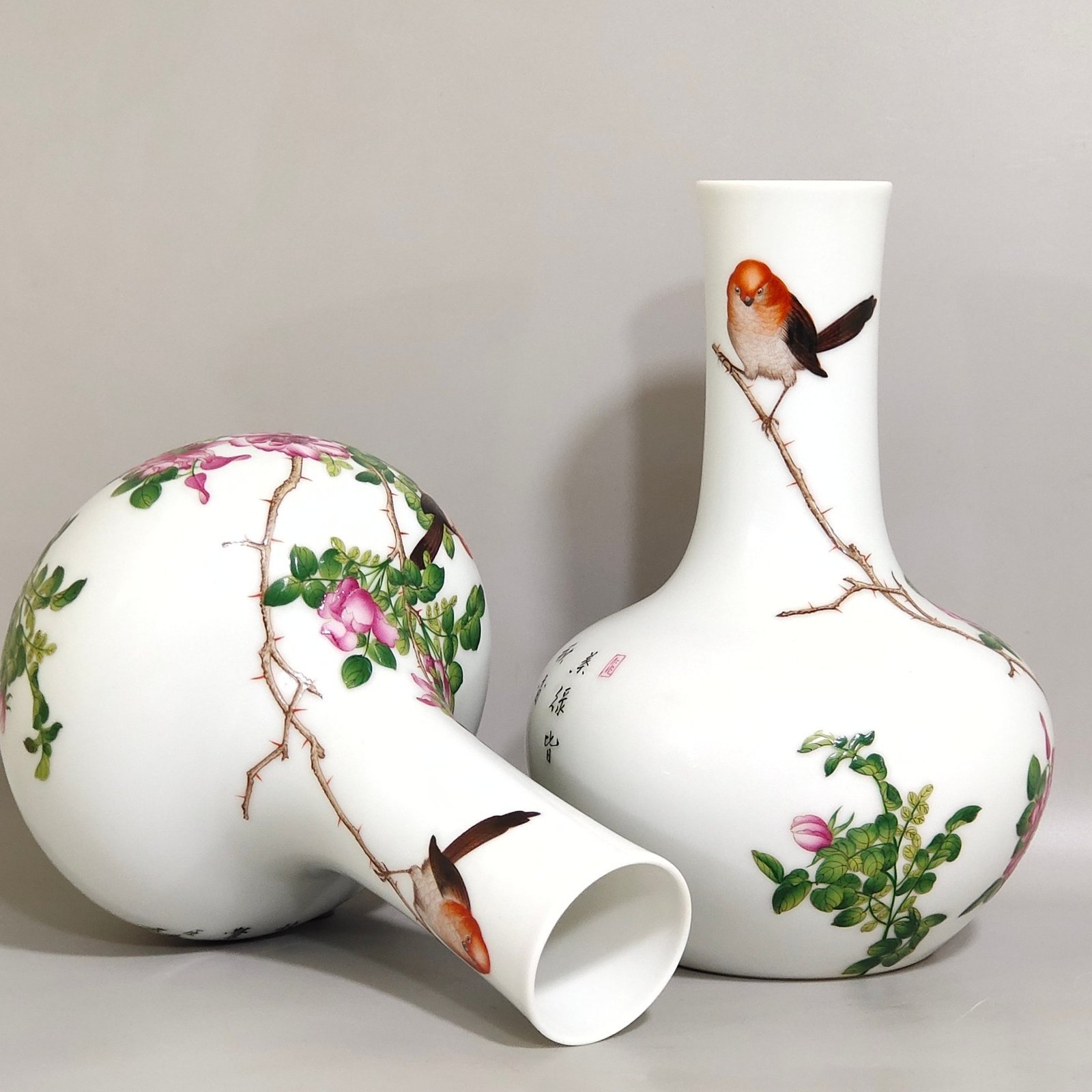 Qing Dynasty Qianlong enamel Lang Shining flower and bird poem celestial vase