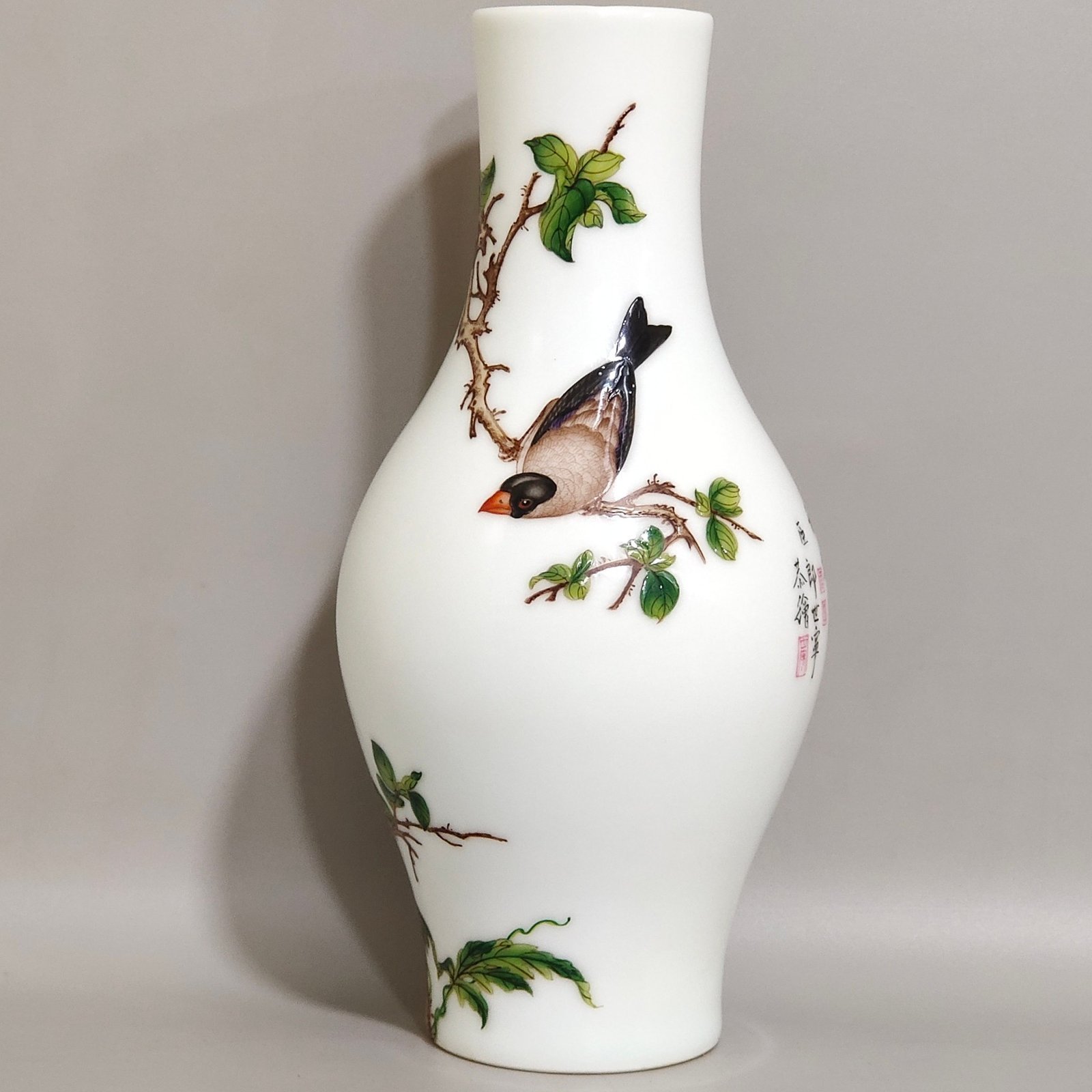 Qing Dynasty Qianlong enamel Castiglione flower and bird poem olive vase