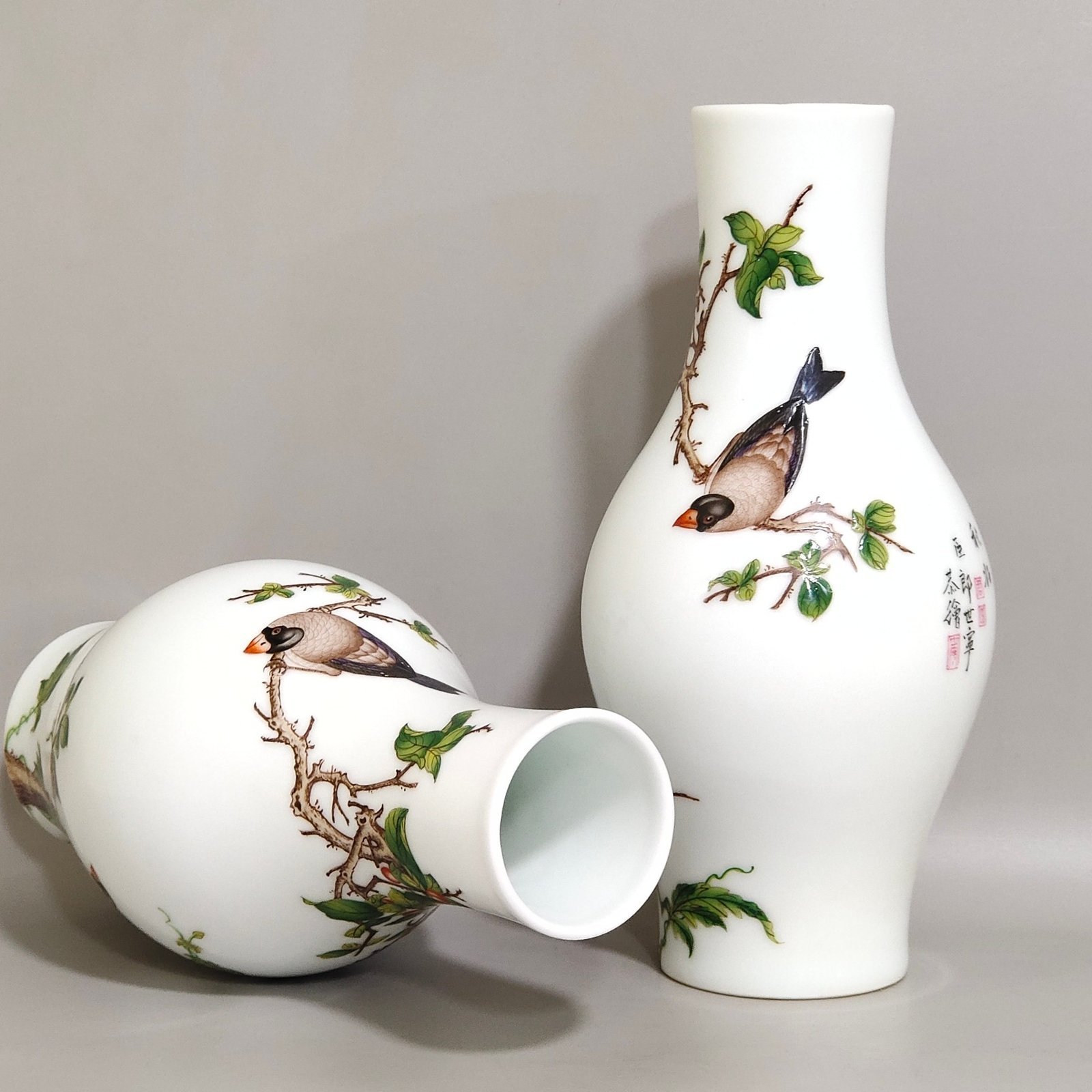 Qing Dynasty Qianlong enamel Castiglione flower and bird poem olive vase