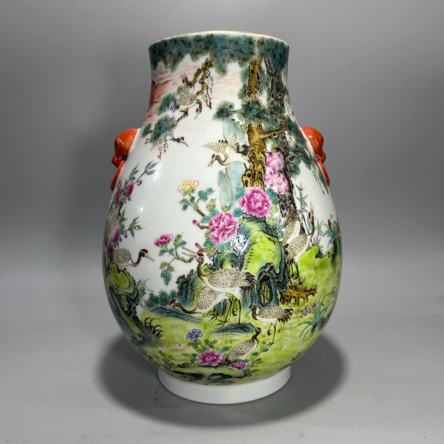 Qing Dynasty Qianlong Pastel Pine and Crane Tongchun Zun