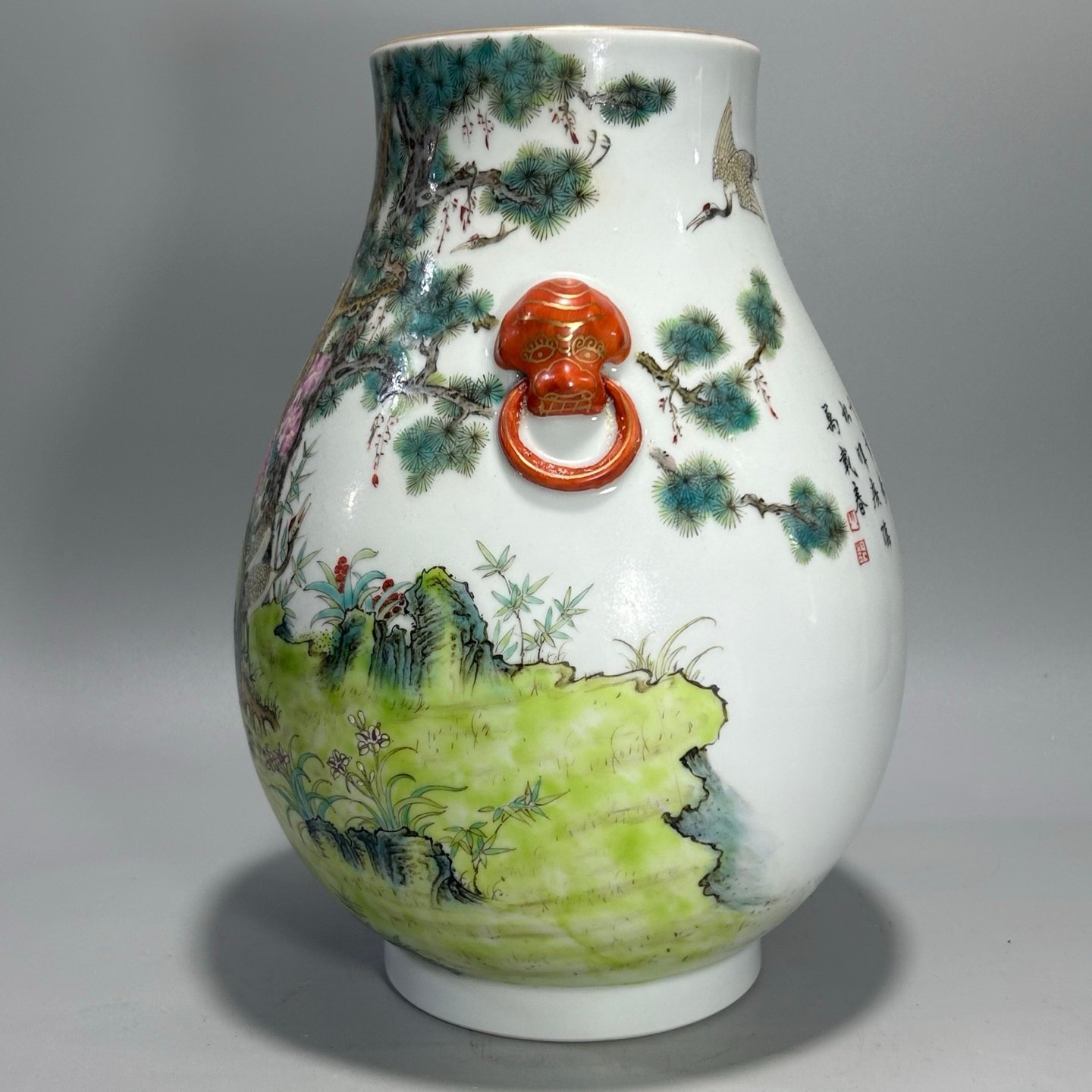 Qing Dynasty Qianlong Pastel Pine and Crane Tongchun Zun