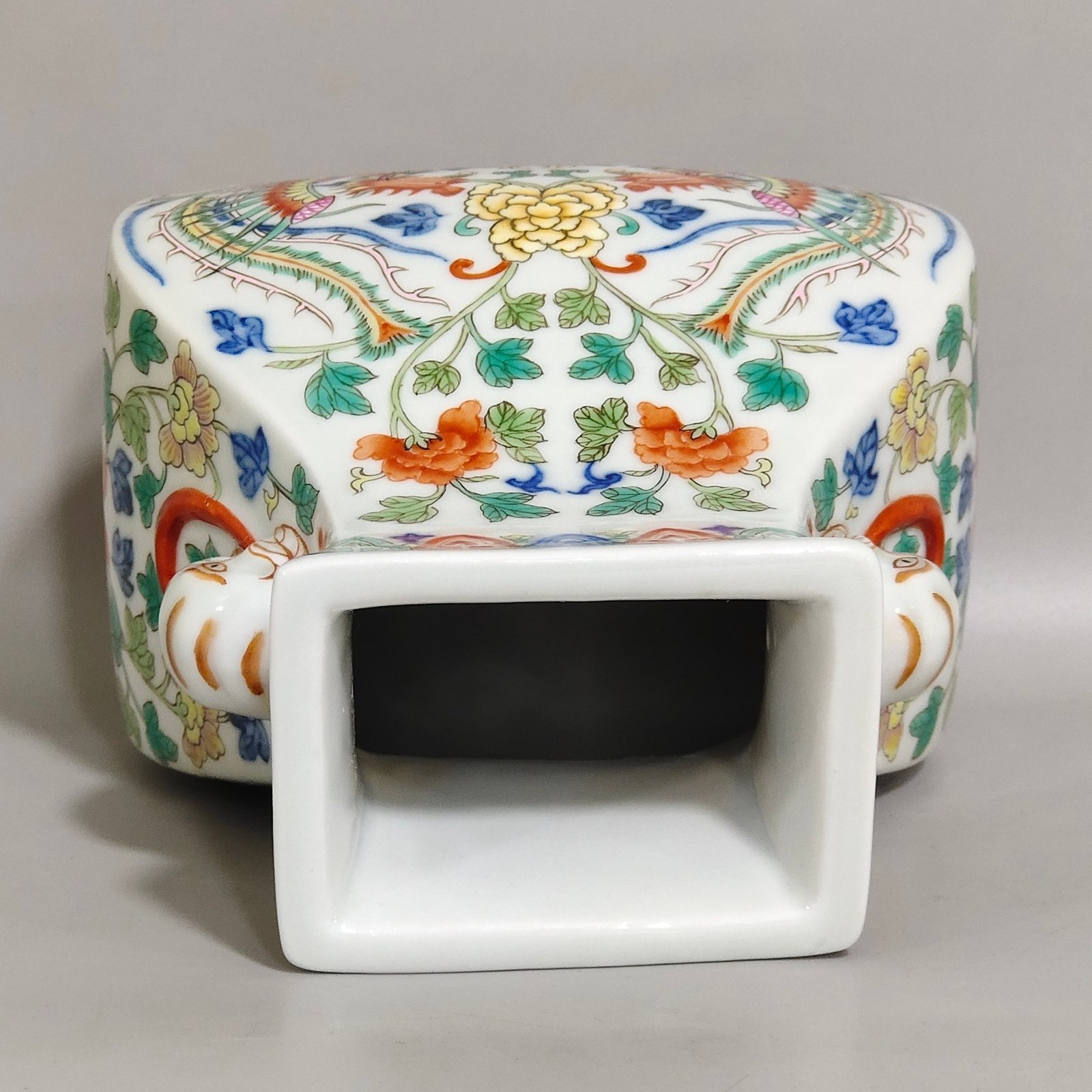 Qing Dynasty Qianlong blue-and-white and polychrome square vase with elephant-head handles