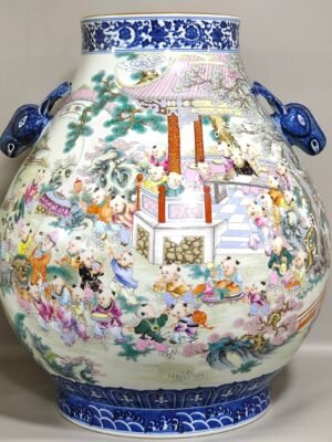 Qing Dynasty Qianlong blue and white and pastel baby deer head statue