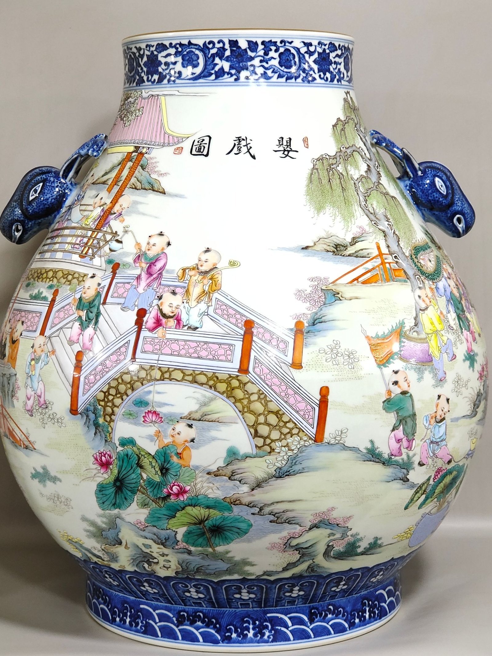 Qing Dynasty Qianlong blue and white and pastel baby deer head statue