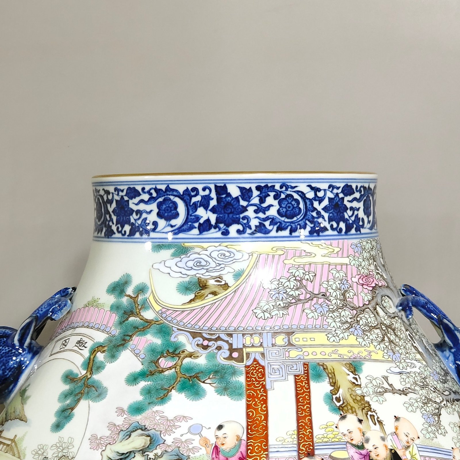 Qing Dynasty Qianlong blue and white and pastel baby deer head statue