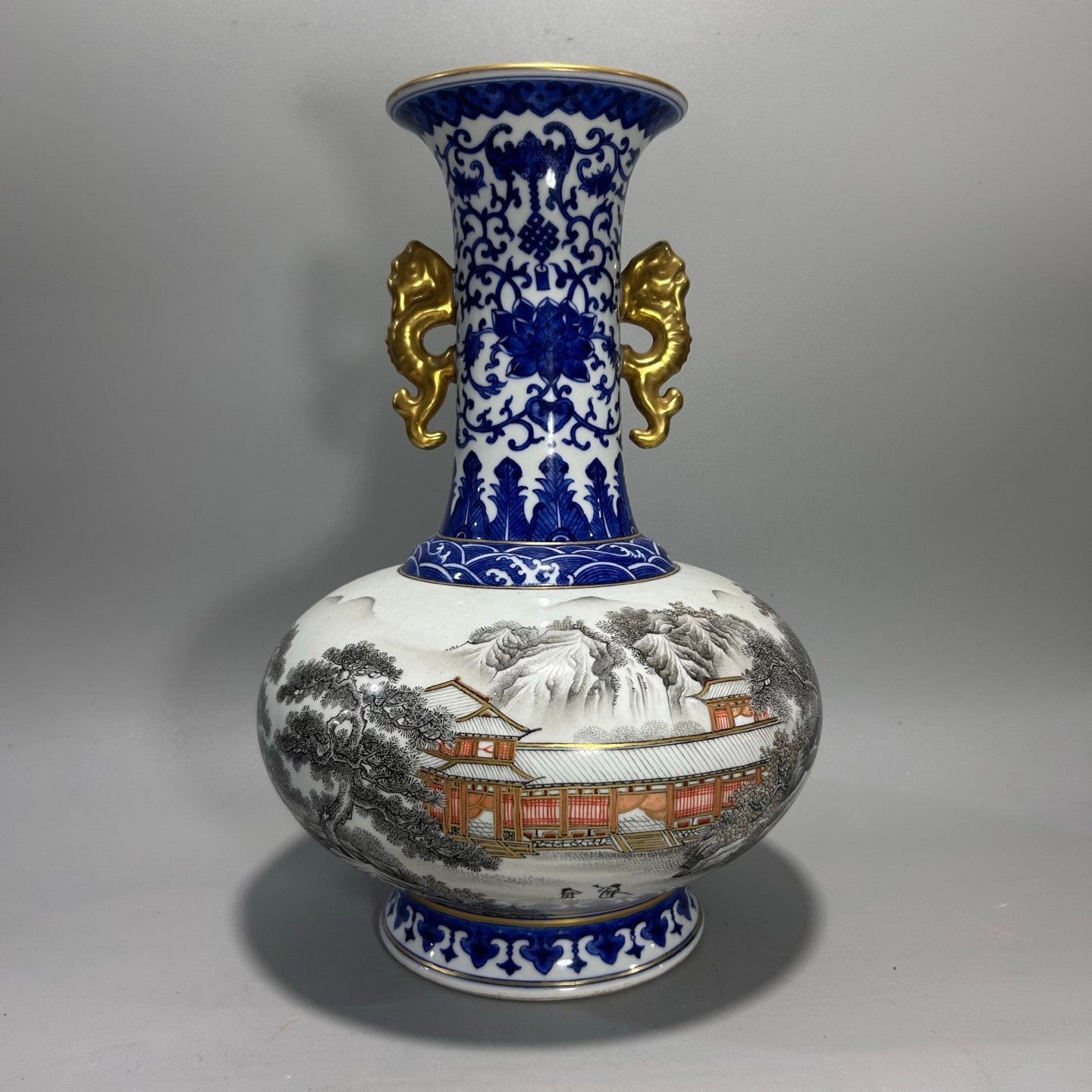 Qing Dynasty Qianlong blue lace ink color landscape amphora