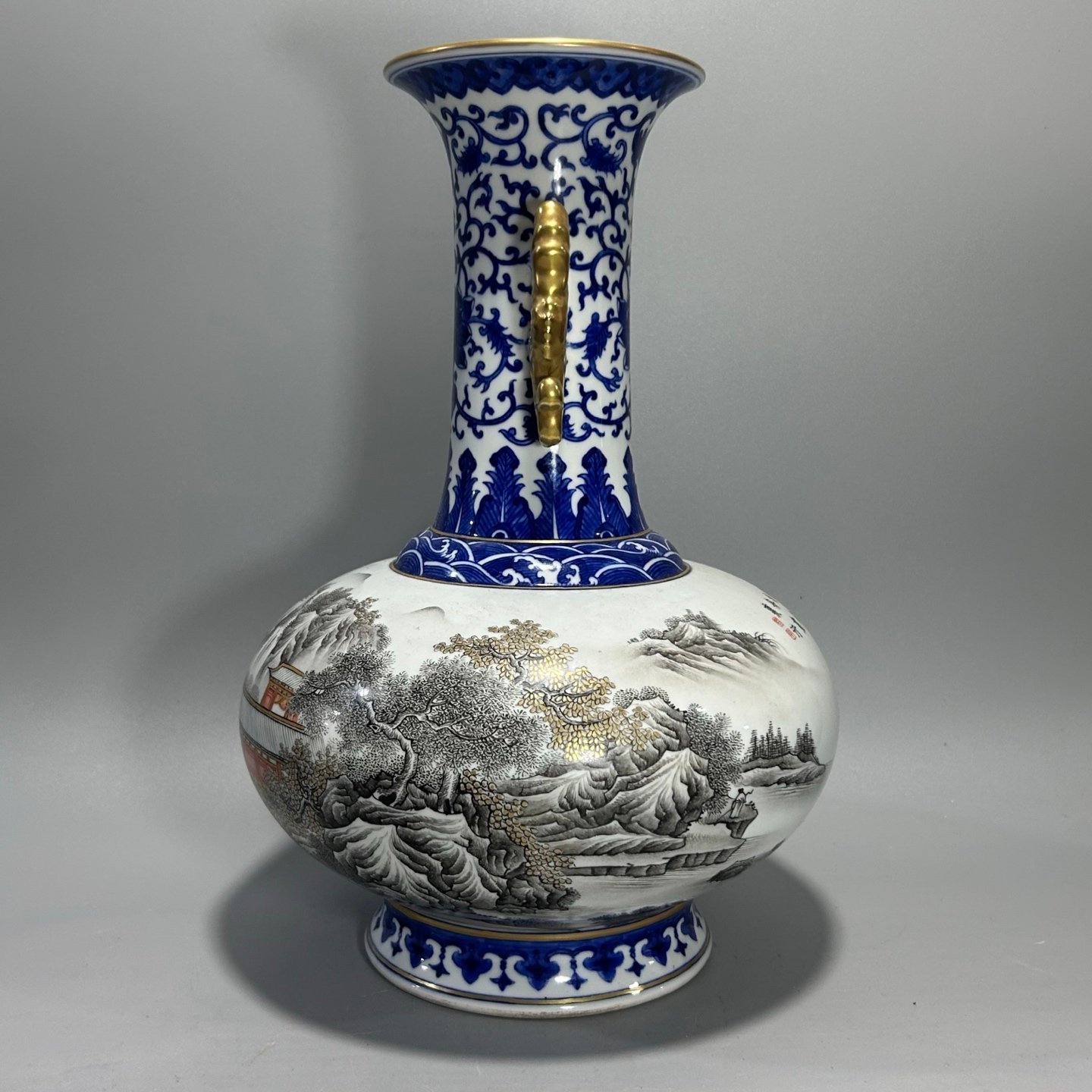 Qing Dynasty Qianlong blue lace ink color landscape amphora