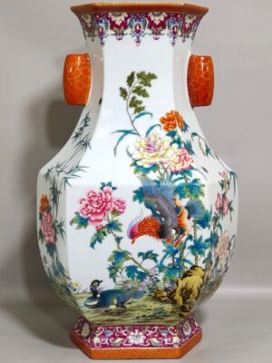 Qing Dynasty Qianlong six-sided mandarin duck flower poem amphora