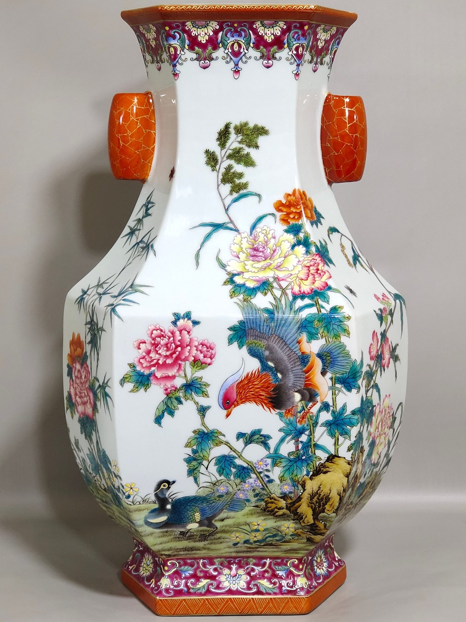 Qing Dynasty Qianlong six-sided mandarin duck flower poem amphora