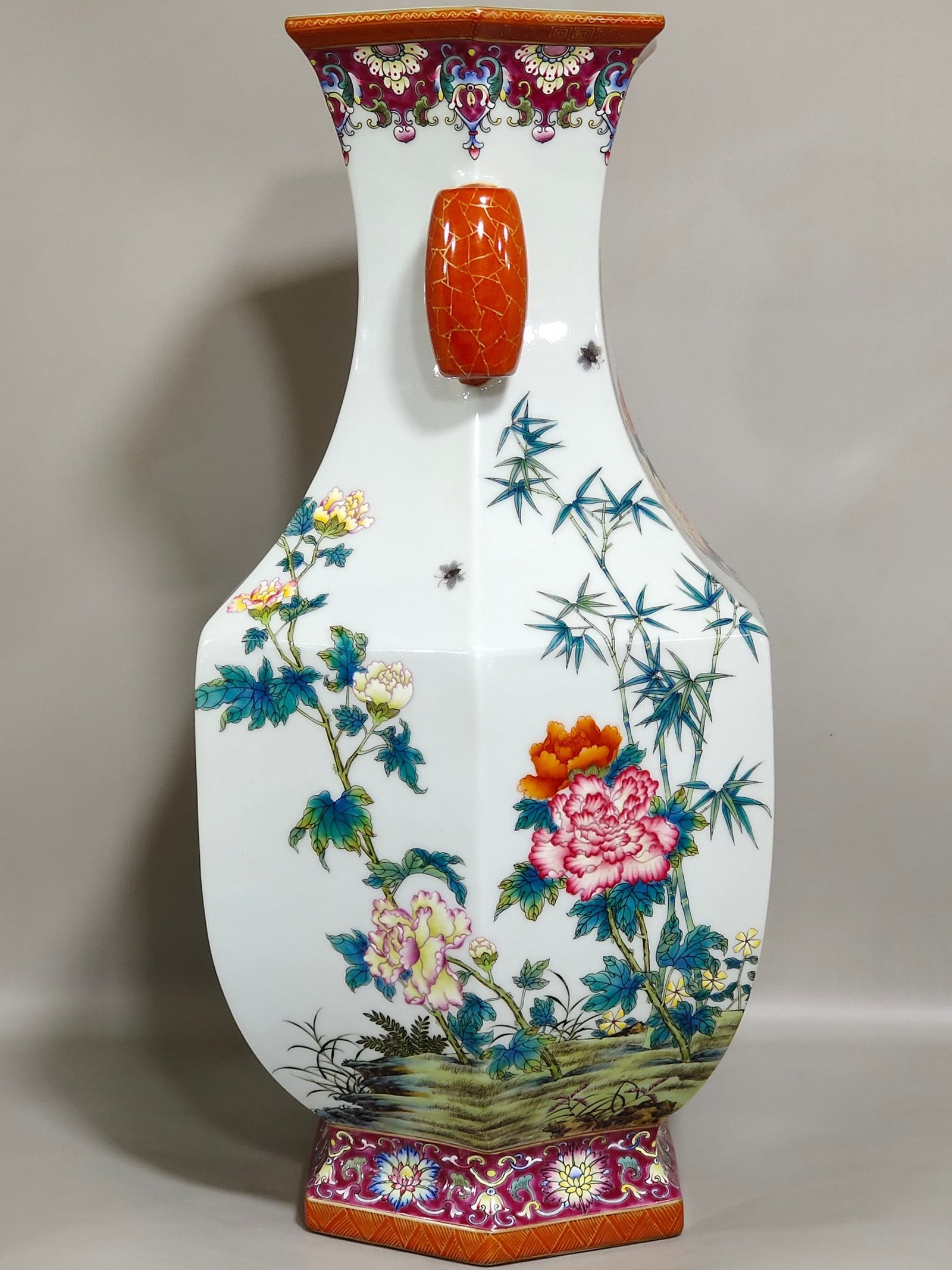 Qing Dynasty Qianlong six-sided mandarin duck flower poem amphora