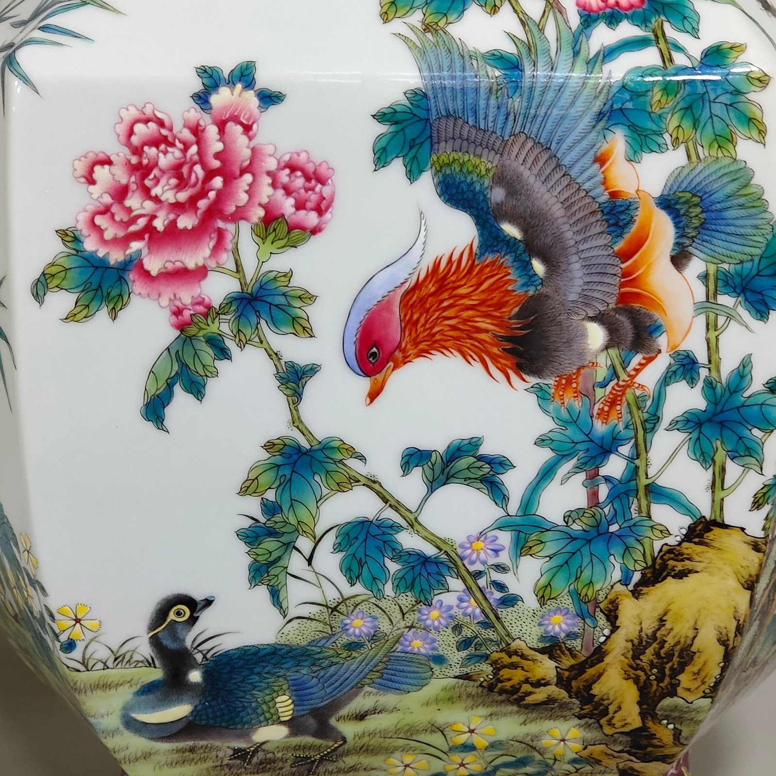 Qing Dynasty Qianlong six-sided mandarin duck flower poem amphora