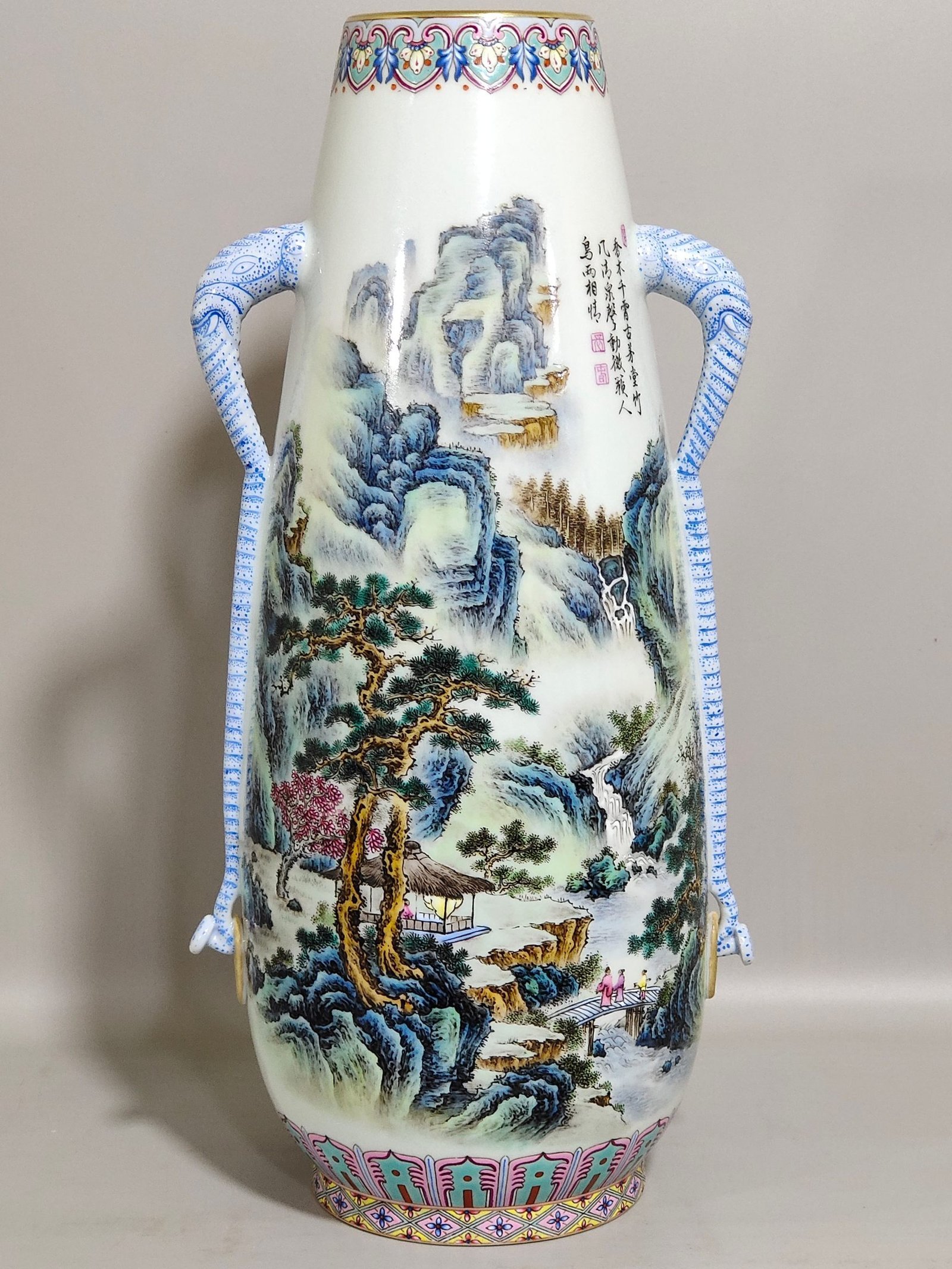 Qing Dynasty Qianlong landscape elephant ear-inscribed poetry vase