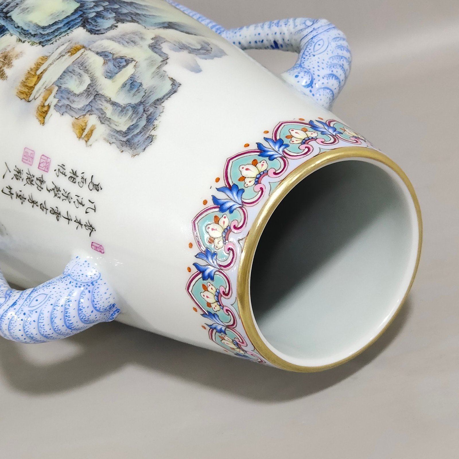 Qing Dynasty Qianlong landscape elephant ear-inscribed poetry vase