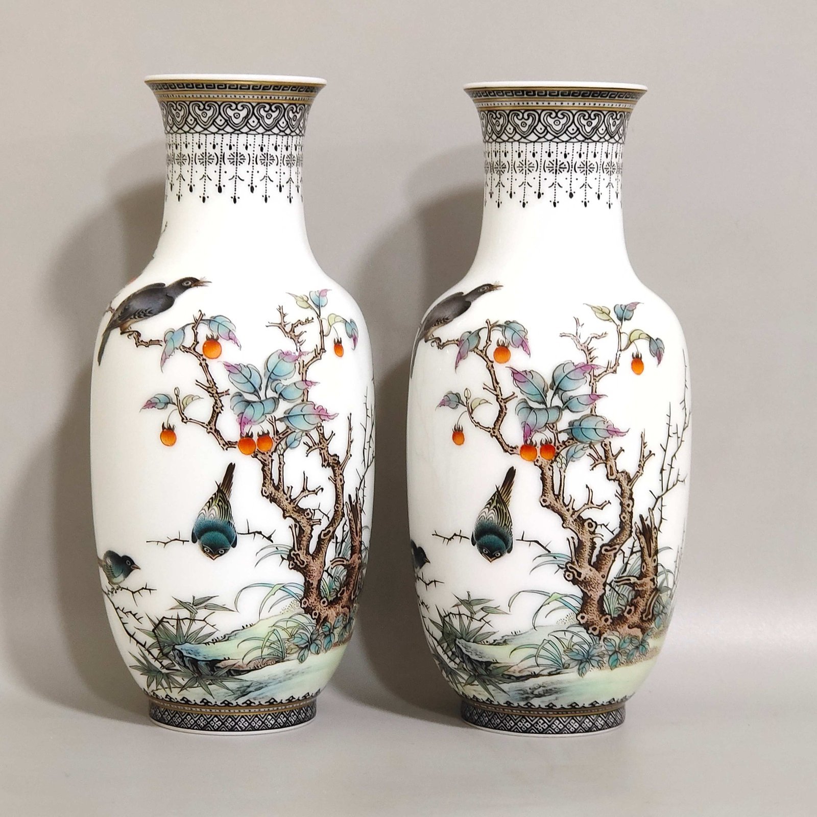 Qing Dynasty Qianlong ink and color ink and flower and bird poems thin vase