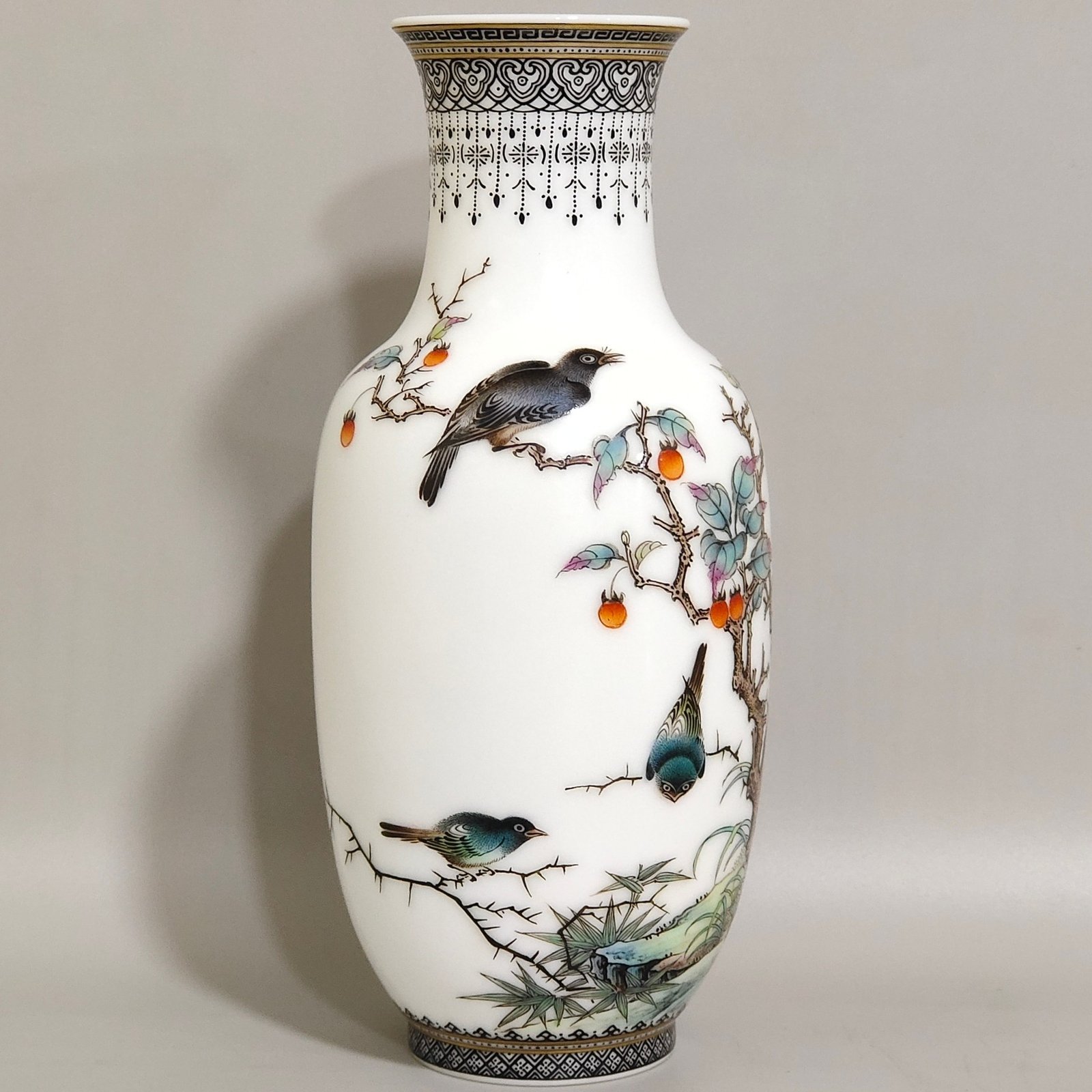 Qing Dynasty Qianlong ink and color ink and flower and bird poems thin vase