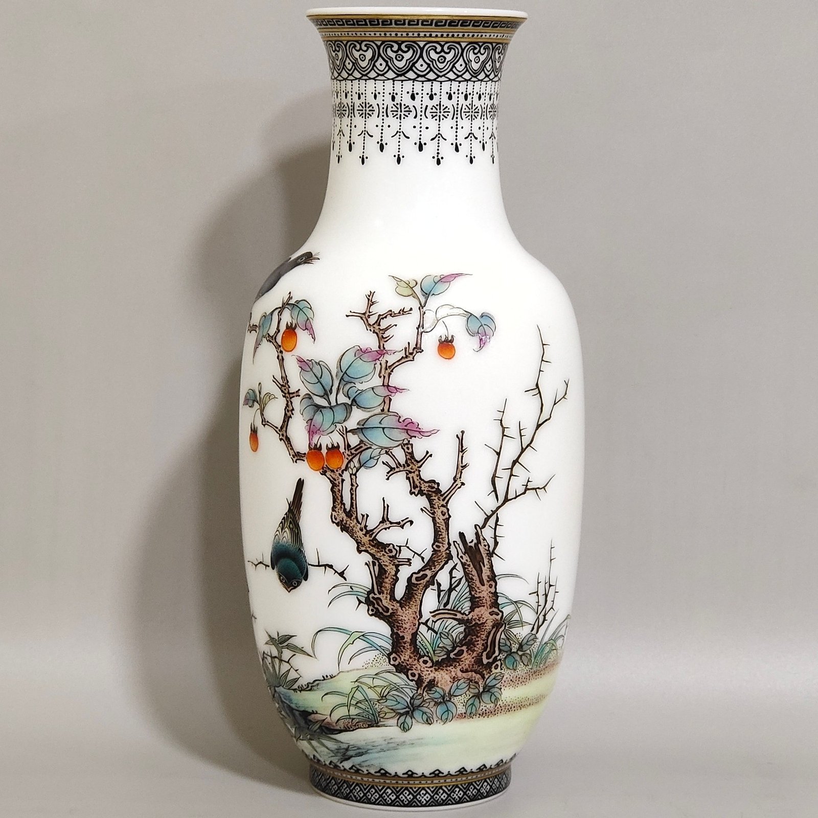 Qing Dynasty Qianlong ink and color ink and flower and bird poems thin vase