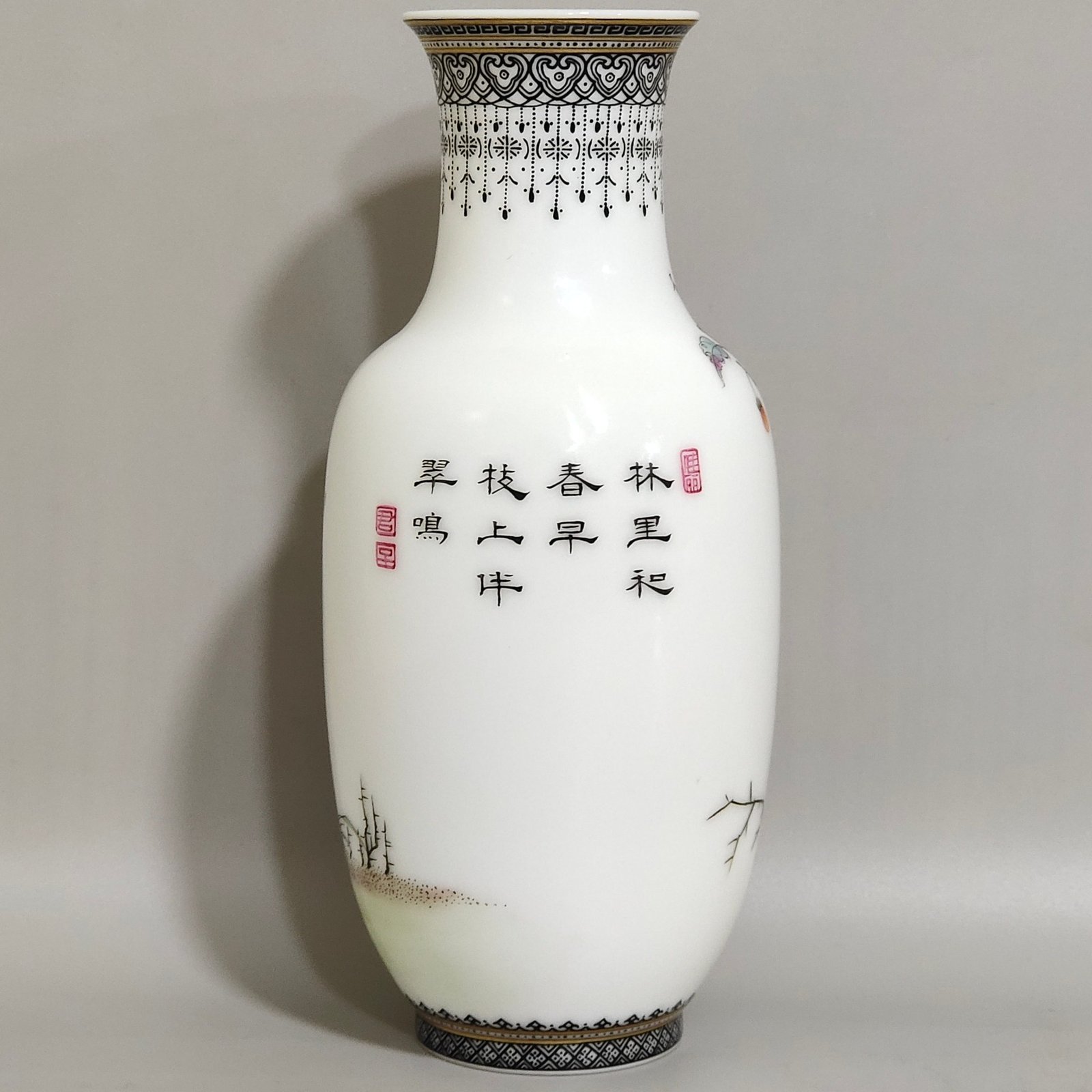 Qing Dynasty Qianlong ink and color ink and flower and bird poems thin vase