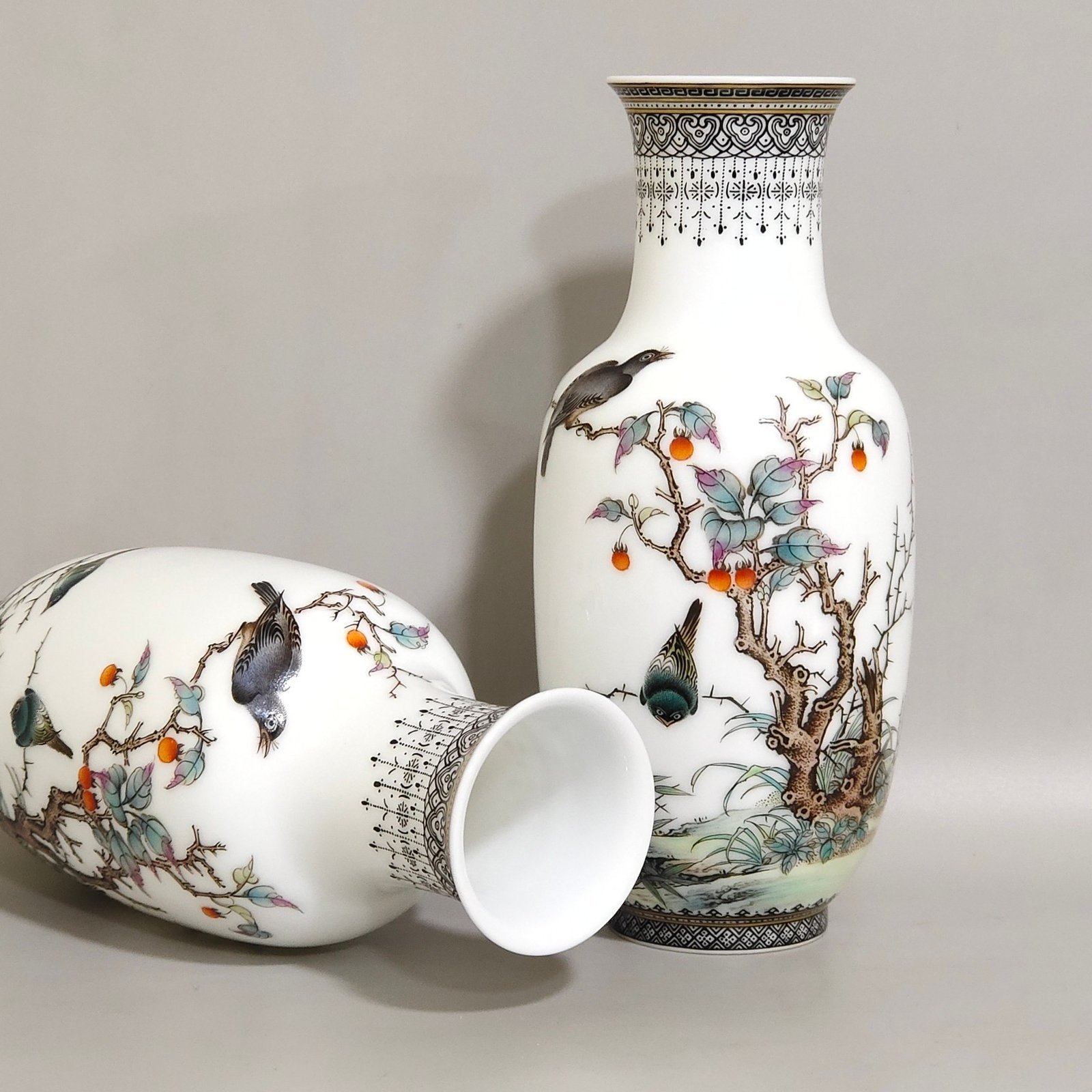 Qing Dynasty Qianlong ink and color ink and flower and bird poems thin vase