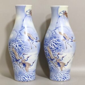 Qing Dynasty Qianlong A blue reed olive vase inscribed with a poem by a red-crowned crane