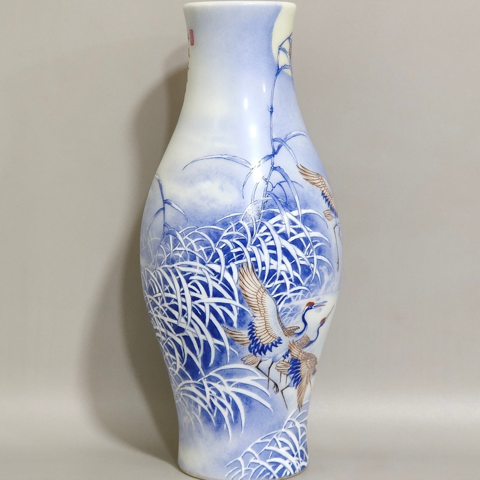 Qing Dynasty Qianlong A blue reed olive vase inscribed with a poem by a red-crowned crane
