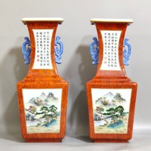 Qing Dynasty Qianlong wood grain glazed windowed landscape square amphora